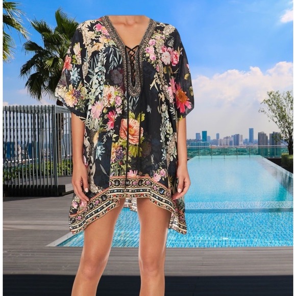 Camilla Hampton Hive Lace Up‎ Embellished Silk Kaftan Swimsuit Cover-up O/S - Picture 1 of 14